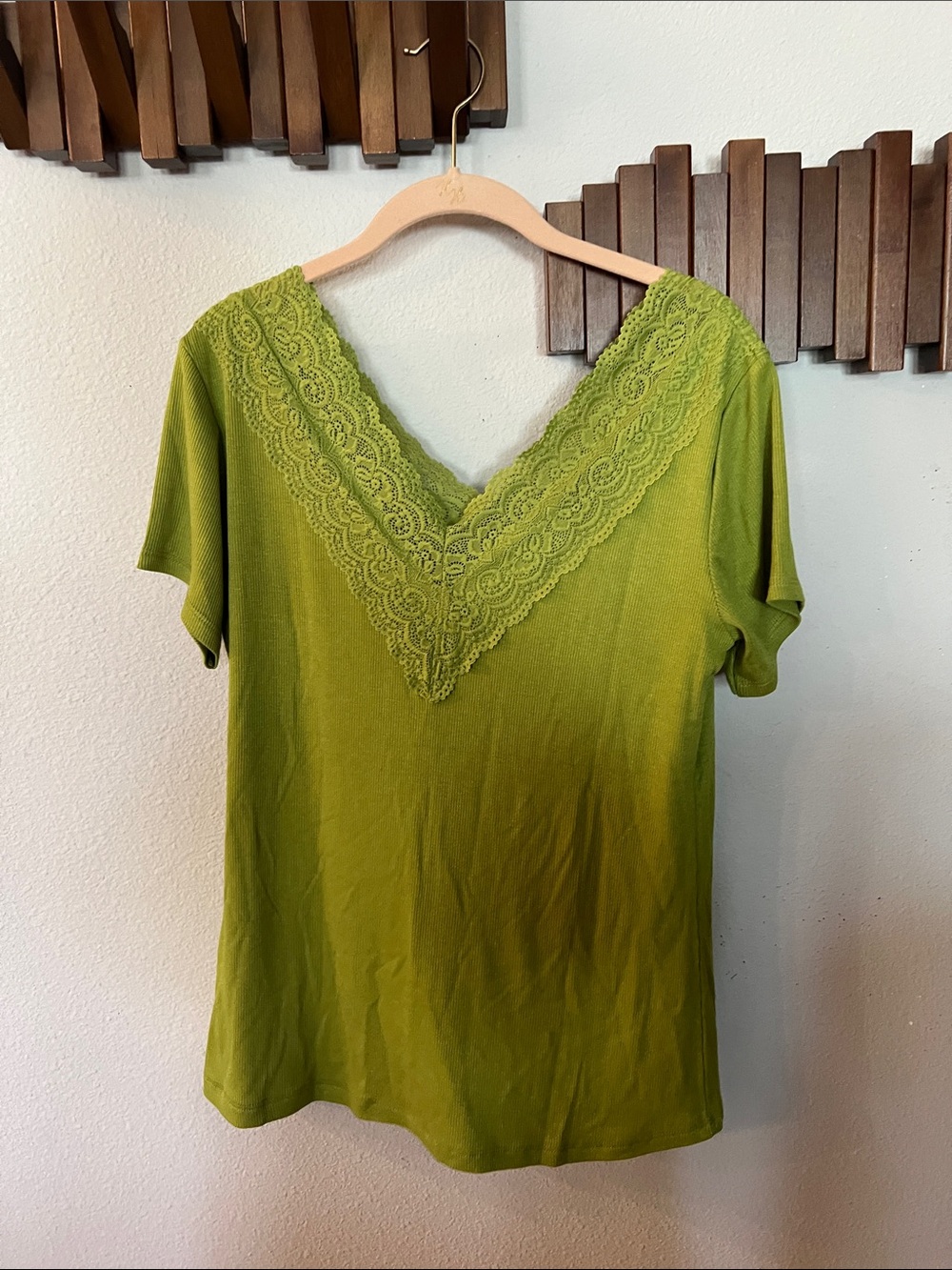Source Unknown Lace-Trim V-Neck Short Sleeve Top - Olive Green